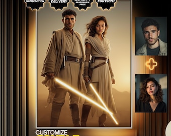 May include: A digital couple portrait featuring two figures in beige robes, holding glowing yellow lightsabers. The image includes text that reads "Customize Couple Portrait", "100% Satisfaction", "Fast Delivery", "Top Quality", and "Ready for Print".