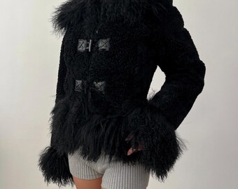 Vintage Black Penny Lane Wool Lamb Lama Fur Trim Jacket / Afghan Sheepskin Coat / Size S