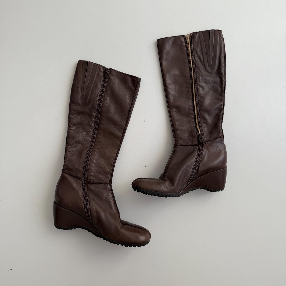 Vintage Brown Real Leather Wedge Rounded Toe Knee High Boots / Size eu 37, foto 4 di 5