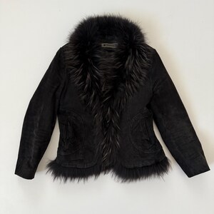 Vintage Black Suede Leather Fitted Jacket with Real Fur Trim Insert Collar / Size M image 10