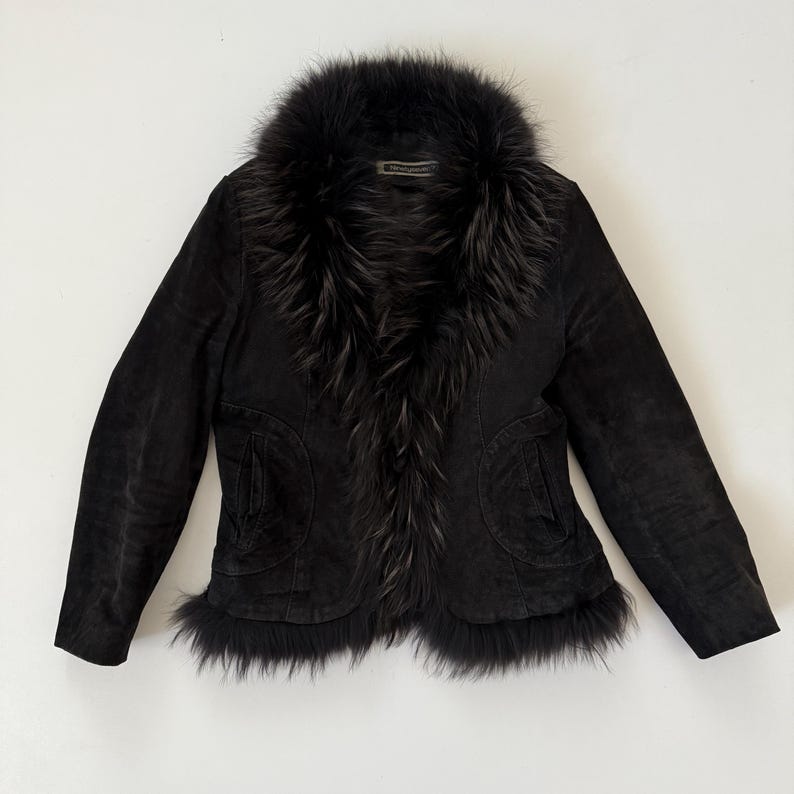 Vintage Black Suede Leather Fitted Jacket with Real Fur Trim Insert Collar / Size M image 10