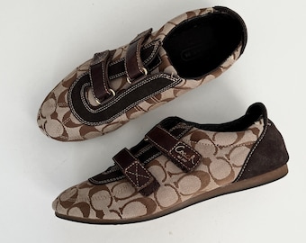 Vintage Casual Coach Monogram Brown & Beige Strap Sneakers / Suede and Textile Trainers / Size 8M
