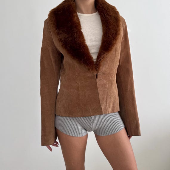 Vintage Tan Brown Suede Leather Fitted Jacket with Faux Fur Trim Insert Collar / Size M