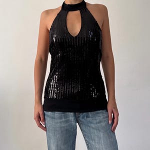 Halter Tie Neck Sequined Black Top / Beads Sequin Open Back Disco Party Embellished Blouse / Size S