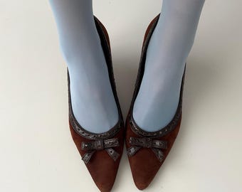 Vintage Brown Suede Kitten Heels with Bows, Made in Spain (EU 37)