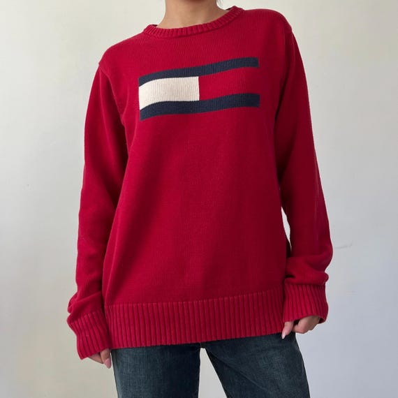 Vintage Tommy Hilfiger Denim Big Logo Red Cotton Sweater / Knit 
