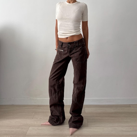 Vintage Only Brown Zip Pocket Embroidered Patchwork Straight Leg Low Rise Cargo Pants / Size S