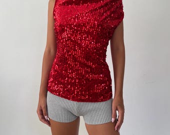 Vintage Red Party Shiny Sequin Beaded Sleeveless Top with Draped Neckline / Size S