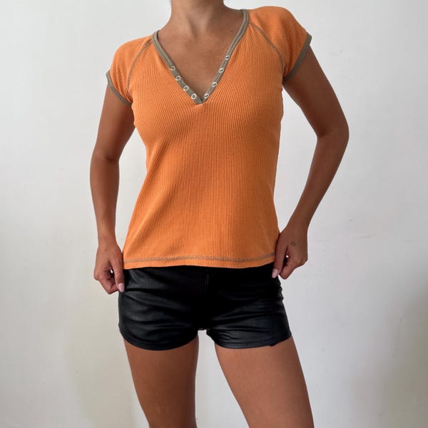Vintage Y2K Orange Ribbed Henley Cap Sleeve Top / Size S