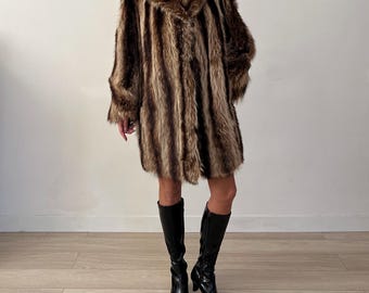 Vintage Authentic Raccoon Fur Brown Coat / Mid Length / Real Natural Genuine Luxury Fur Jacket