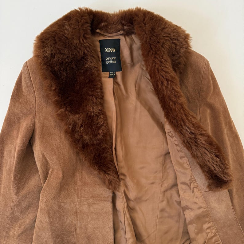 Vintage brun mockajacka i skinn med fuskpälskant och krage / Storlek M bild 10