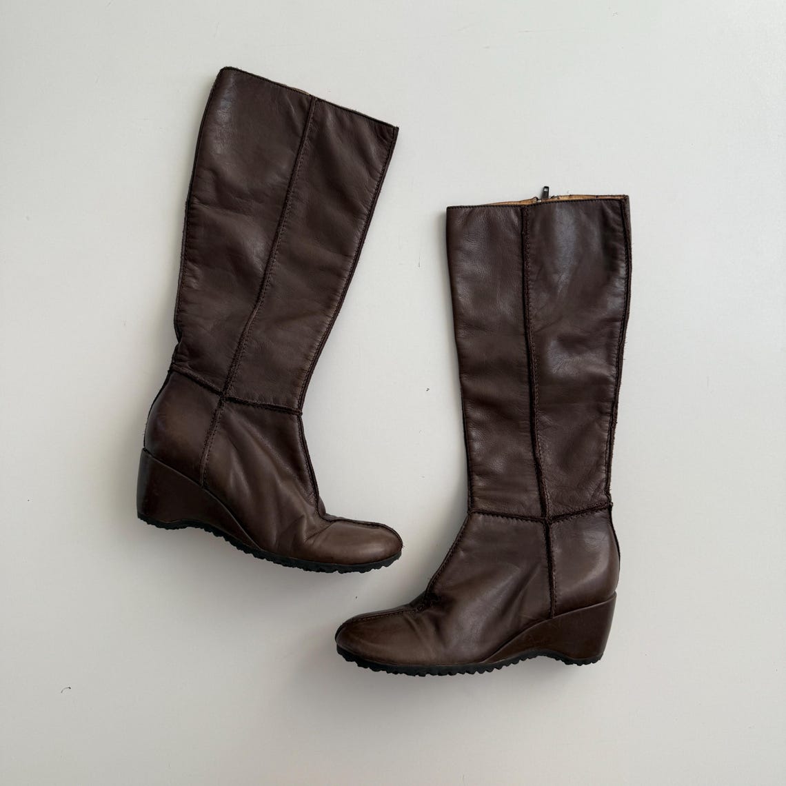 Vintage Brown Real Leather Wedge Rounded Toe Knee High Boots / Size eu 37, foto 3 di 5