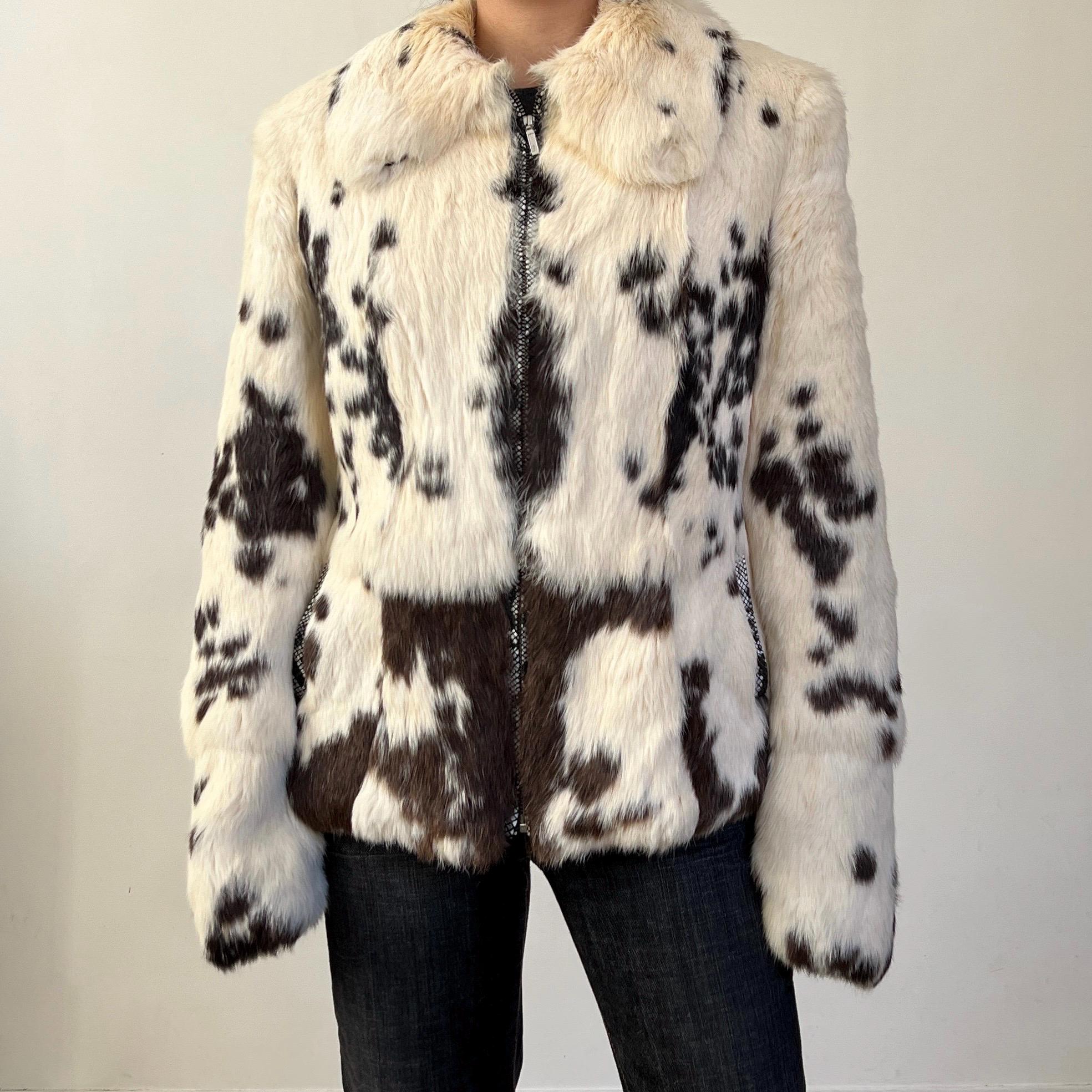 y2k archive real rabbit fur jacket 平成 Cow Print Real Rabbit Fitted Fur Zip Jacket / Vintage Made