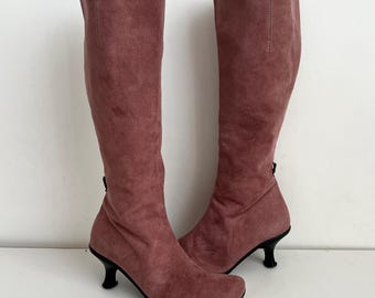 Pink 00s Faux Suede Rounded Square Toe Kitten Heel Boots / Bronx y2k Style / Size EU 36 4