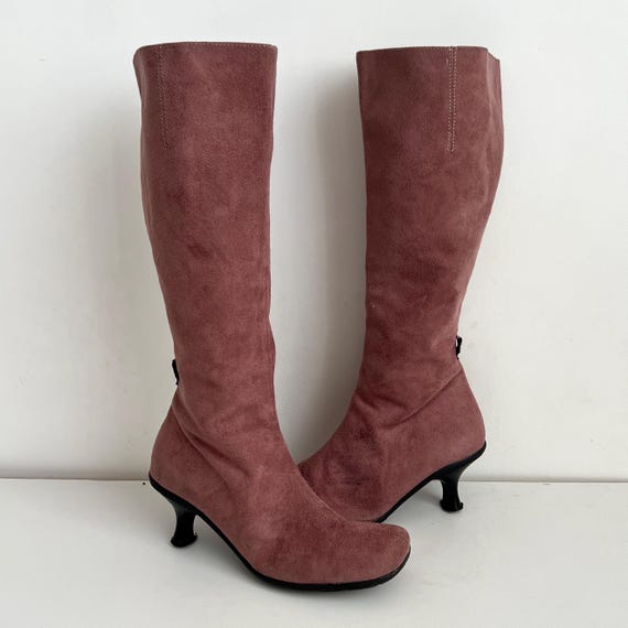 Pink 00s Faux Suede Rounded Square Toe Kitten Heel Boots / Bronx y2k Style / Size EU 36 4
