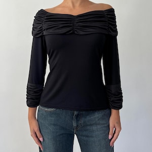 Vintage Ruched Off Shoulder Elegant Long 3/4 Sleeve Wrap Top / Draping Shirt Tie Waist Fitted / Size 36 S
