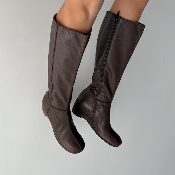 Vintage Brown Real Leather Wedge Rounded Toe Knee High Boots / Size eu 37