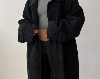 Giacca midi in lana vintage grigia con isolamento termico / Giacca trapuntata oversize con interno caldo in piumino anni 2000 / Taglia XL