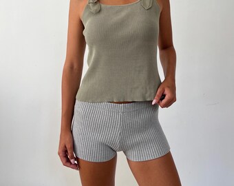 Olive Green Ribbed Tank Top, Adjustable Straps, Fitted Y2K Style (Size S)
