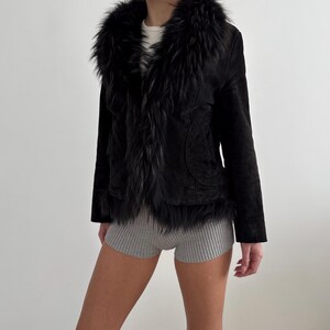 Vintage Black Suede Leather Fitted Jacket with Real Fur Trim Insert Collar / Size M image 4