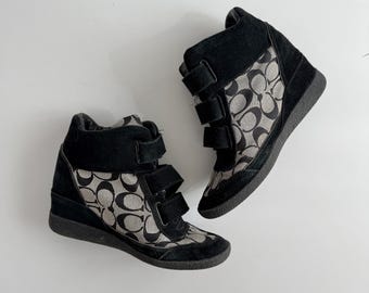 Vintage Coach Monogram Black Real Suede Wedge Strap Sneakers / Size 8