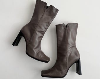 Vintage Grey Brown Leather Mid Calf Square Toe Heeled Boots with Metallic Details / Ankle / Extra High Heel / 90s 00s Italy / Size EU 39