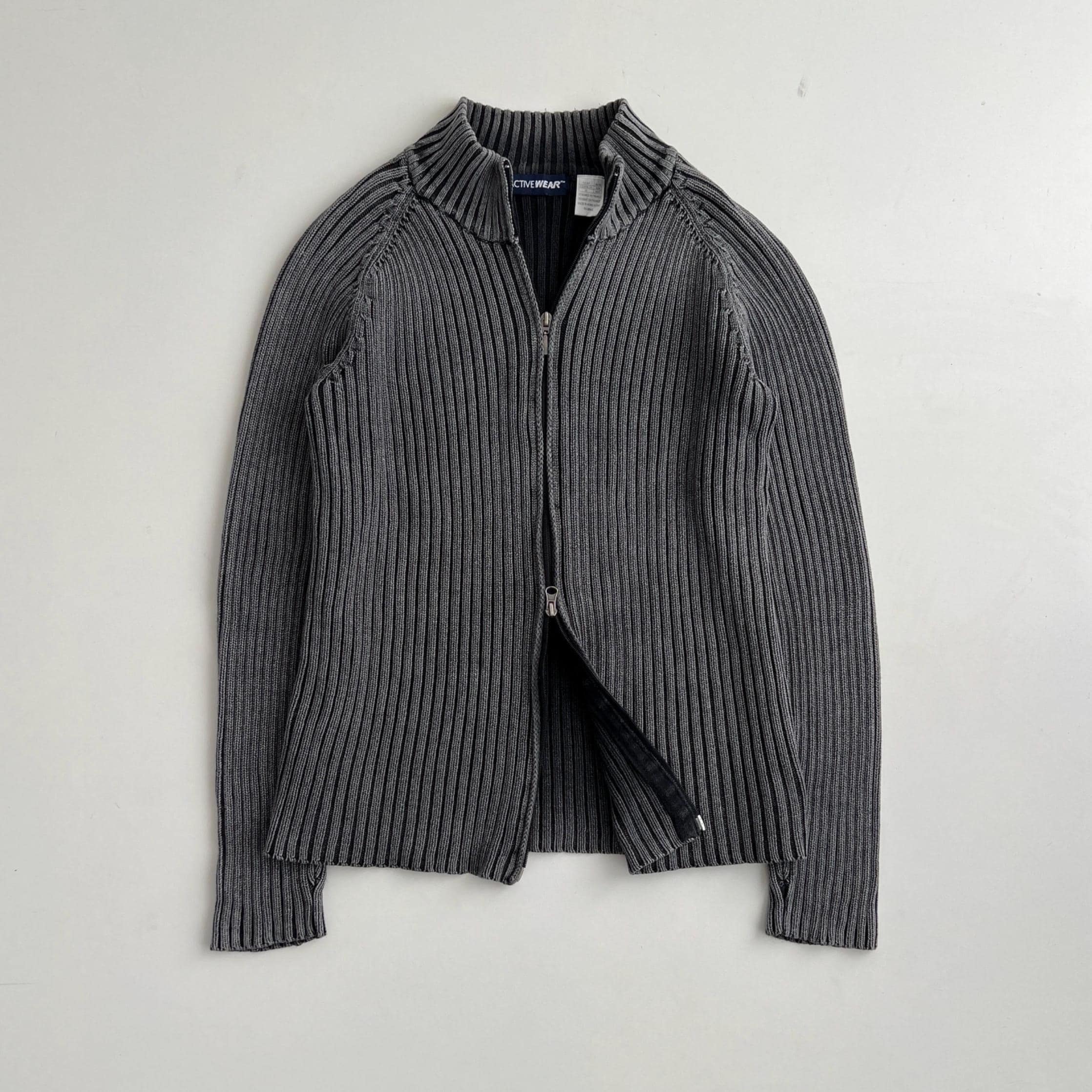 Double Zip Washed Long Sleeve Sweater / Grunge Y2K 00s Acid Wash Rib Knit Fitted Jumper / Size L