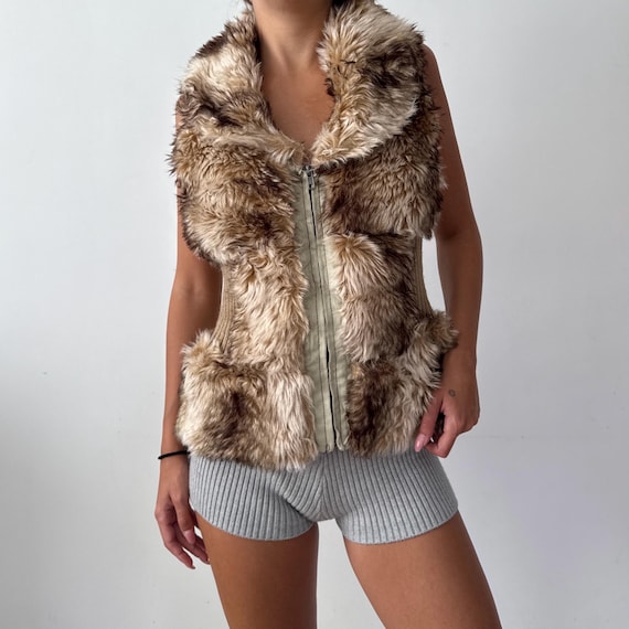Y2K Vintage Beige Faux Fur Zip Vest Jacket With Cuffs / Size M - Etsy