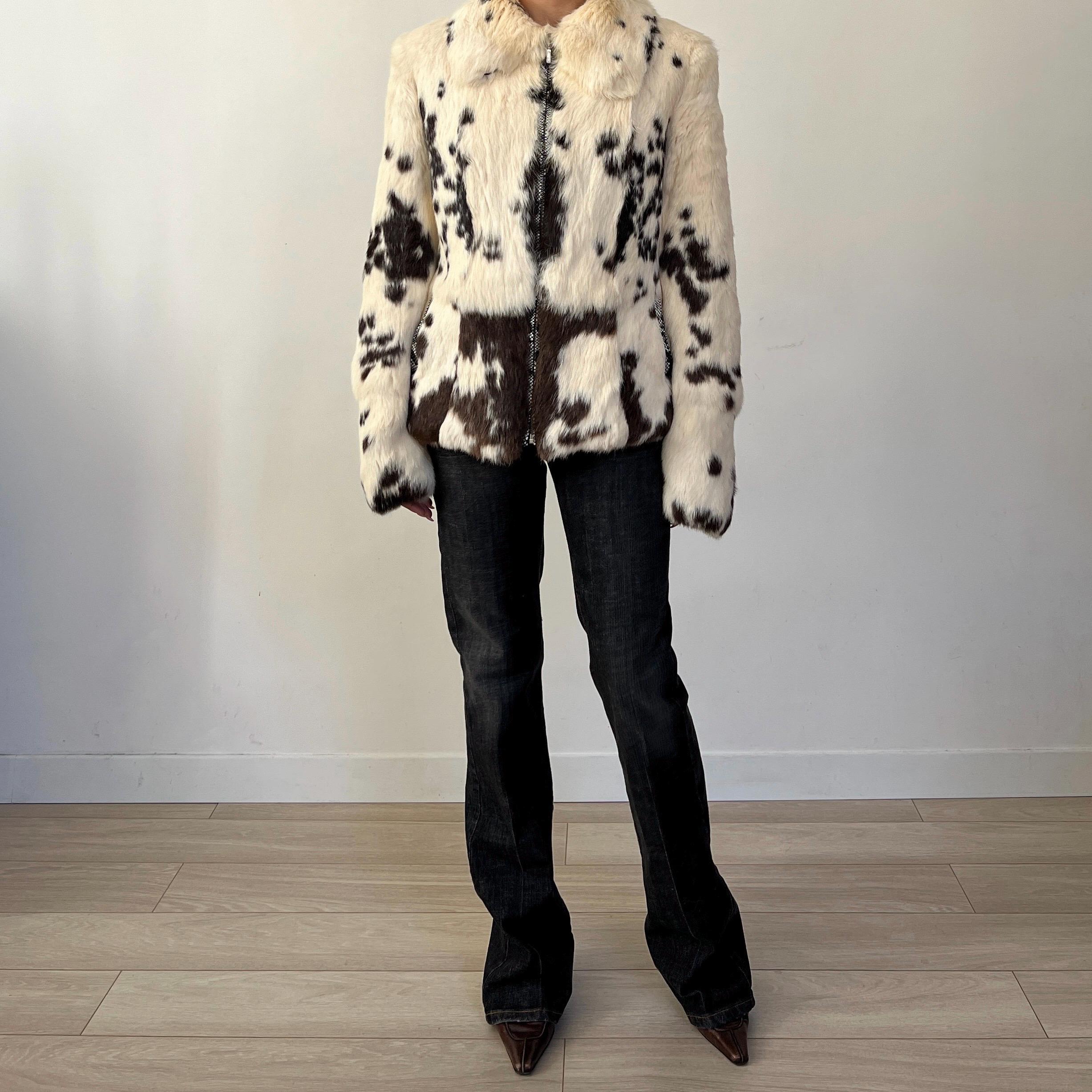 y2k archive real rabbit fur jacket 平成 Cow Print Real Rabbit Fitted Fur Zip Jacket / Vintage Made