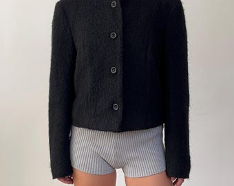 Klassisk svart ullblandad jacka med hög krage och knappar / Mohair Fluffig, fuzzy vintage-kappa / Storlek 42 L XL