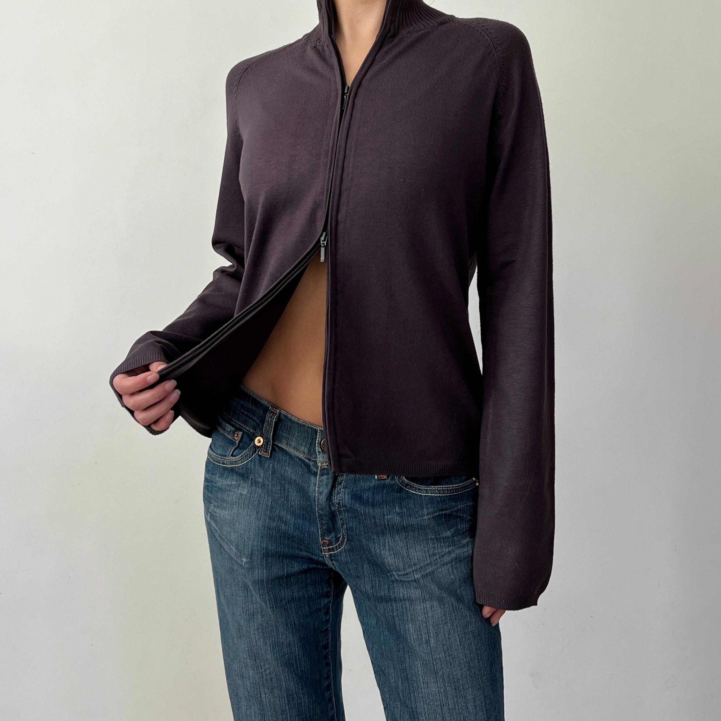 Grey Double Zip High Neck Collar Jumper / Y2K 00s 90s Knit Sweater