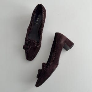 Vintage Prada Brown Suede Block Heel Square Toe Pumps with Eyelets / Leather / Studded  Details Grommet Heels / 2000s 00s / Size EU 38