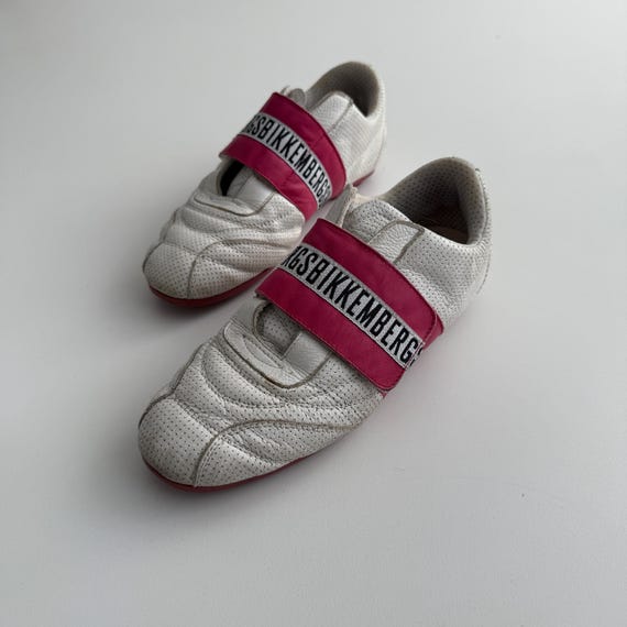 Dirk Bikkembergs, Vintage Dirk Bikkembergs White Leather Sneakers / Pink Logo Strap Trainers / Size EU 37
