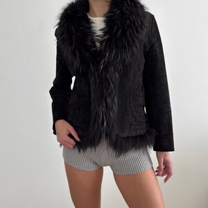 Vintage Black Suede Leather Fitted Jacket with Real Fur Trim Insert Collar / Size M image 8