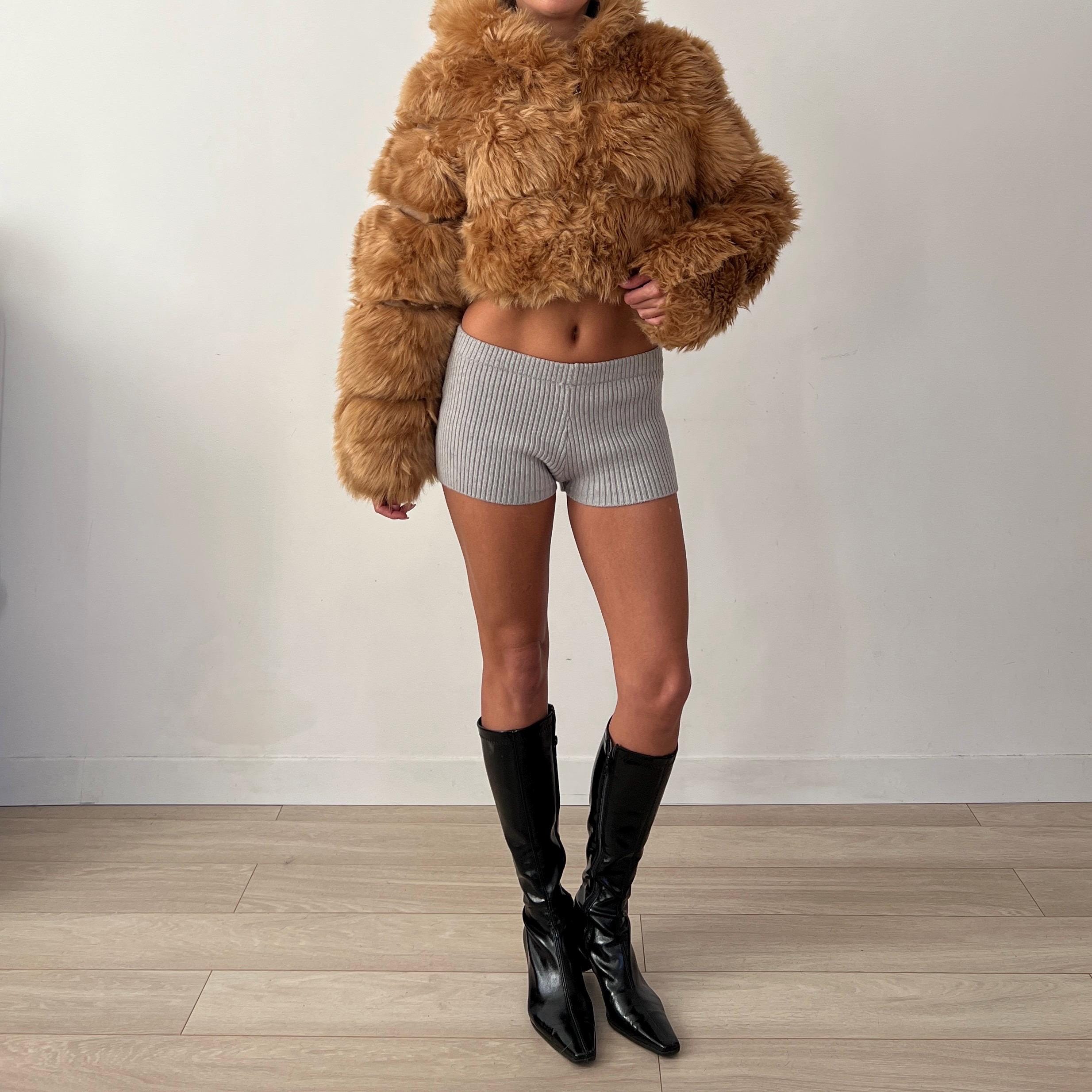 Y2K 00s Vintage Ginger Brown Faux Fur Cropped Zip up Hooded Fluffy