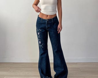 Floral Embroidered Blue Flared Jeans / Pants with Flowers Western Countryside Gild / Y2K 00s 90s / Size 29