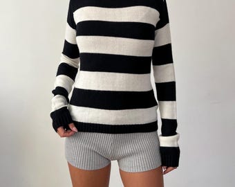 Vintage Gestreifter Stehkragen Slim Fit Pullover / Größe M