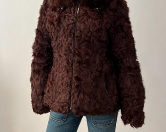 Vintage Brown Curly Real Goat Fur Zip Jacket with Fox Collar / Size XL