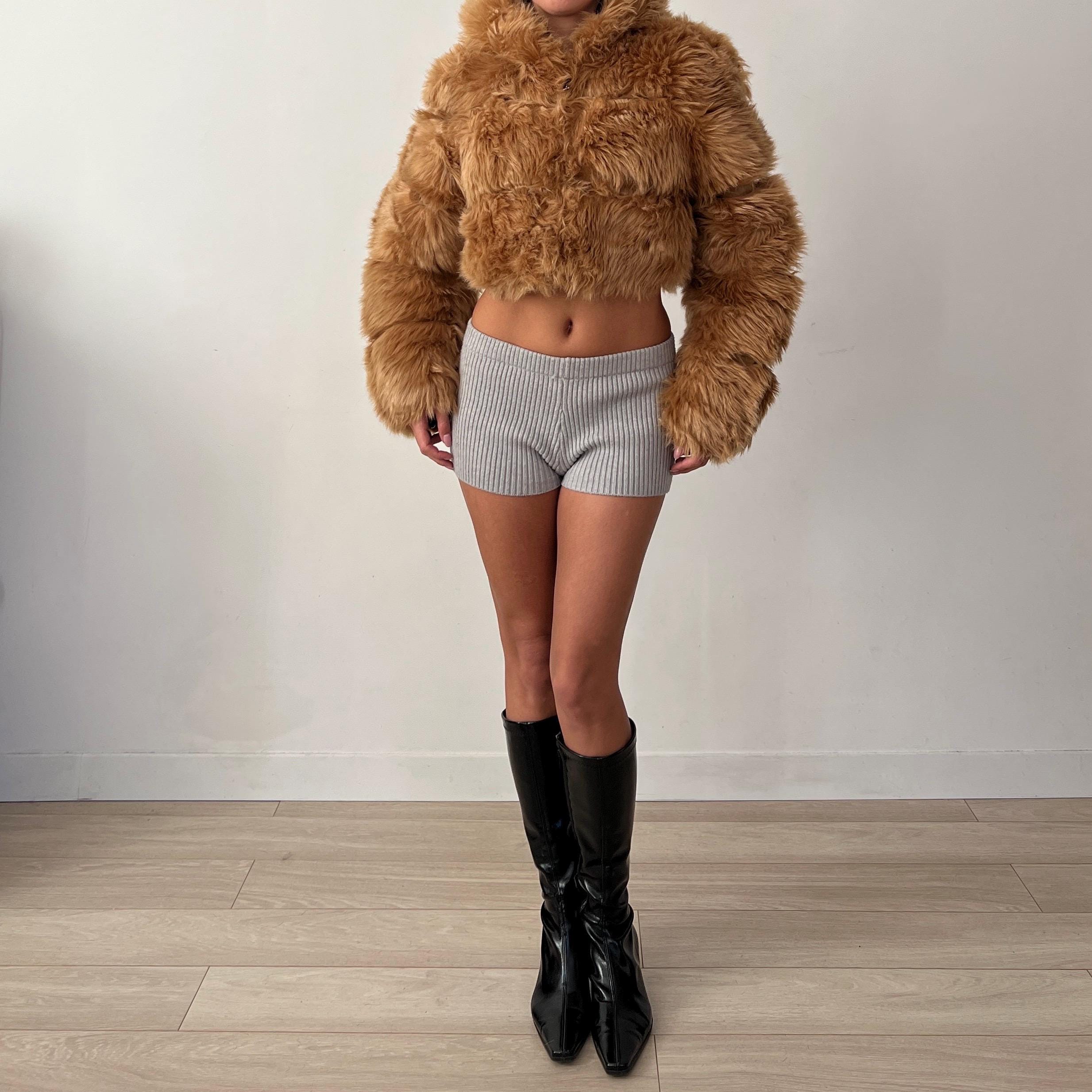 Y2K 00s Vintage Ginger Brown Faux Fur Cropped Zip up Hooded Fluffy