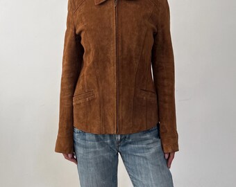 Giacca bomber in pelle scamosciata color cammello vintage da donna / Blazer corto aderente con cerniera / Vestibilità slim / Cappotto in stile western / Anni 2000-2090 / Taglia S