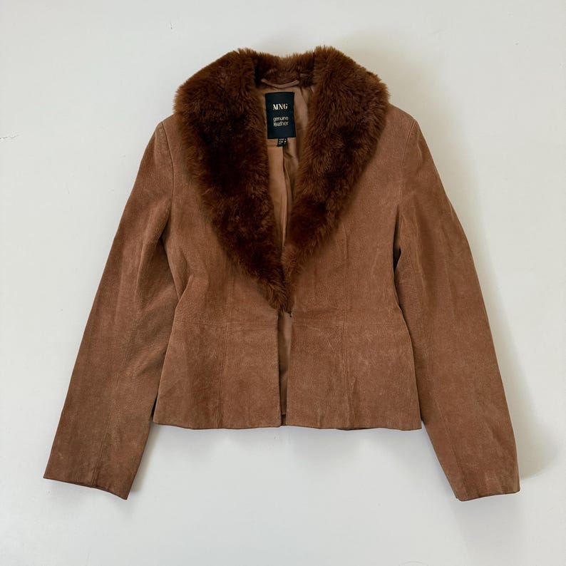 Vintage brun mockajacka i skinn med fuskpälskant och krage / Storlek M bild 9