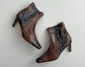 Stivaletti vintage in vera pelle di serpente con punta quadrata / Scarpe con tacco in vero cuoio / Stampa animalier serpente anni '90 / Taglia EU 38