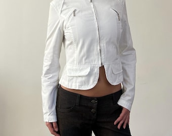 Off White Cropped Cotton Moto Fitted Light Zip Jacket / Short Length / Biker / Vintage 00s Y2K / Size XS