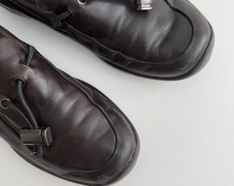 Vintage 00s Prada Red Tab Dark Brown Leather Toggle Sporty Slip-on