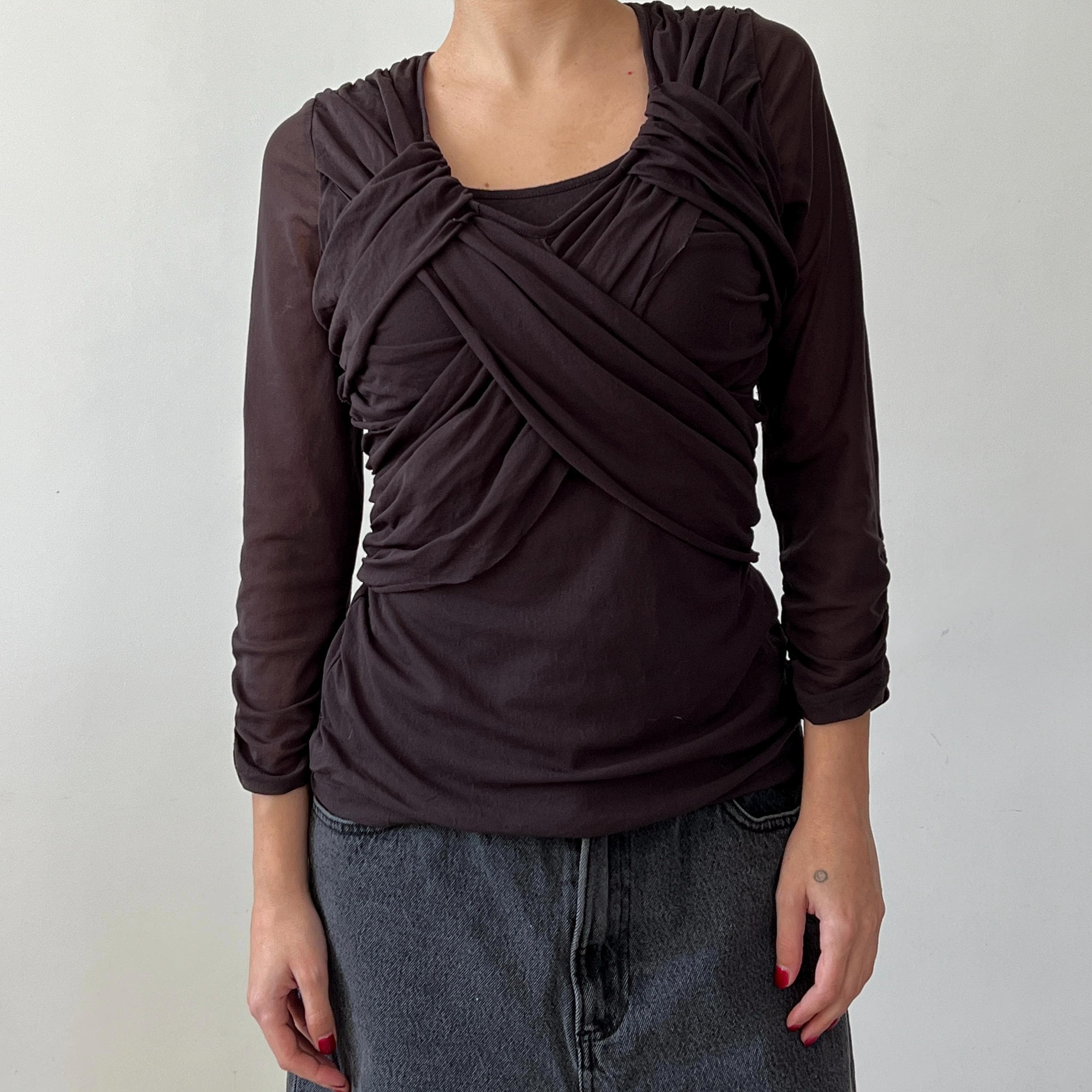 Mesh Draped 3/4 Sleeve Shirt / Vintage 00's Y2k Long Sleeve Top