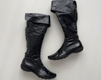 Rare Black Patent Leather Lace Back Moto Flat Knee Boots / Y2K 00s Biker Motorcycle Shoes / Size EU 39
