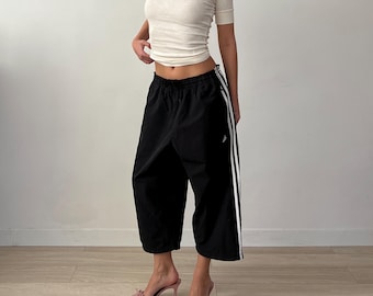 Vintage Adidas Black Cargo Baggy Track Shorts / Sporty Jorts Pants with Drawstrings / Size L