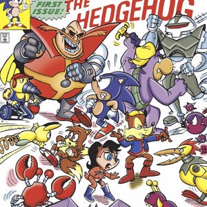 May include: A vintage Archie Adventure Series Sonic the Hedgehog comic book cover, issue number one, featuring a colorful illustration of Sonic, Dr. Robotnik, and various robotic enemies in a dynamic battle scene with bold text and comic art.