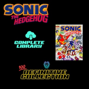 Op de afbeelding: Een blauw en geel logo voor Sonic the Hedgehog, met de woorden "Complete Library" en "Definitive Collection" eronder. Rechts in de afbeelding is een comicboekcover voor Sonic the Hedgehog te zien.