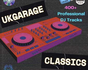 May include: An orange and purple DJ mixer with two circular turntables and numerous knobs and buttons. The image includes the text "UKGARAGE," "400+ Professional DJ Tracks," and "CLASSICS." A USB drive and a "FREE SHIPPING" sticker are also visible.